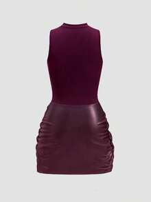 Vestido mini de un solo color sin mangas + Conjunto de 2 piezas con decoración de nudo de PU, vestido elegante de un solo color con volantes en el bajo para el verano - Burdeos - Ver 2