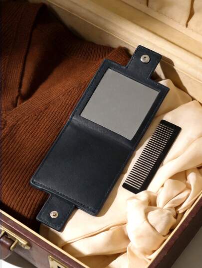 CHANEL 高级黑色皮革香水瓶造型镜子梳子旅行化妆套装，生日礼物，适合通勤和所有季节