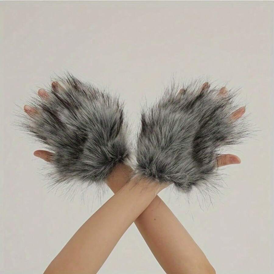 Plush Wolf Gloves, Suitable For Halloween, Christmas, And Parties - Grey - View 1