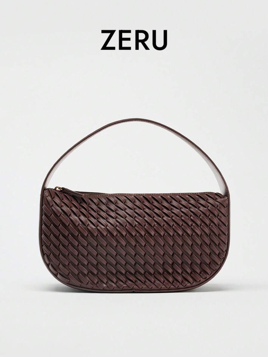 2026新款手工编织绿色拉链手提袋，休闲购物礼品袋 - 酒紅色 - 查看 1