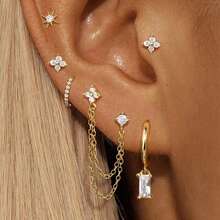 6件套铜镀金闪亮锆石百搭经典时尚耳环，女士款 - 梅花鋯石 - 查看 2