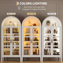 Despensa de cocina alta y arqueada con luces LED, moderna estantería arqueada de madera con puertas de vidrio y estantes ajustables, elegante vitrina para cocina, comedor y sala de estar. - Blanco - Ver 9