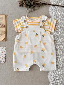 2pcs/Set Newborn Baby Boys/Girls Casual Cute Lemon Print Plaid Romper & Striped T-Shirt Set, Spring/Summer - Yellow - View 8