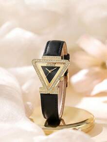 Guess GW0504L5 Damen Dreieck Kristall Uhr, goldfarbenes Gehäuse, schwarzes Lederarmband, funkelnder Strass Dekor, luxuriöse Quarz Armbanduhr, modisch für Party und Alltag, ideales Geschenk zum Geburtstag und Abschluss - Schwarz - Übersicht 2