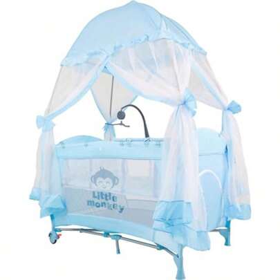 zxxLittle  Cuna Corral s Pble Caador Remoble Toldo Velo Mosquro y Barra de uegos Musical Cama de  2 Ruedas con  Soporta 30 Kg Incluye B Transportadora Color Azulcuna para bebé