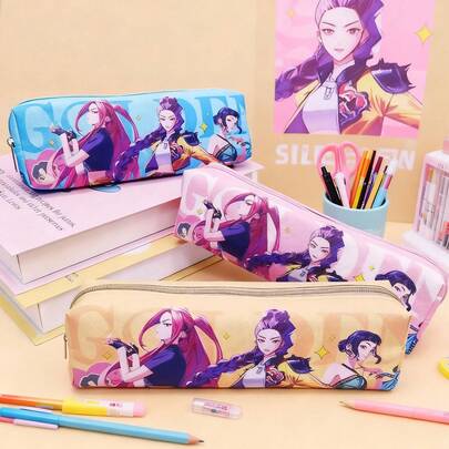 1 pièce Étui à crayons de groupe de filles sorcières KPOP, sac à crayons à fermeture éclair en PU à couche unique, boîte à crayons, couleurs assorties, fournitures scolaires essentielles, fournitures scolaires, cadeau de papeterie, faveur de fête