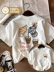 [Double-Sided Print Front And Back] Hand-Painted Style With Coffee Elements MORE ESPRESSO LESS Print Casual Short-Sleeved Crew Neck T-Shirt Made From Pure Cotton [Chu] - White - View 7