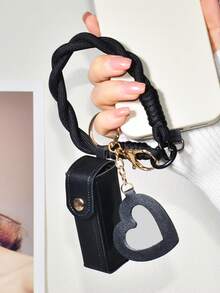 Bộ phụ kiện tối giản da đen đa năng gồm ốp lưng điện thoại, dây đeo nylon bện màu đen, túi đựng son môi bằng da màu trơn tối giản, gương trang điểm mini hình trái tim dễ thương, móc khóa, phụ kiện di động, quà tặng sinh nhật. - Dây thừng ngắn màu đen + túi đựng son môi + gương trang điểm - Xem 9