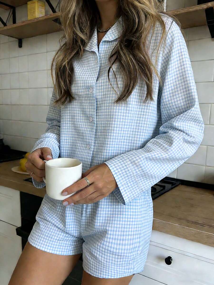Nina Bonheur Set de pijama de 2 piezas con cardigan de manga larga holgado con botones a cuadros + shorts de cintura elástica para mujer - Azul - Ver 1