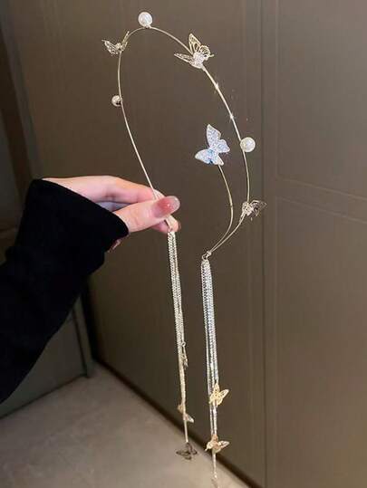 1件蝴蝶流苏珍珠发箍，优雅奢华发饰，多层银色设计，百搭女孩款，适合重要派对和日常出行