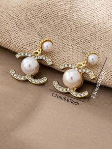 1Pair Vintage Faux Pearl Dangle Drop Earrings For Women, Elegant Daily Wear Jewelry, Party Gift - 金色 - 查看 3