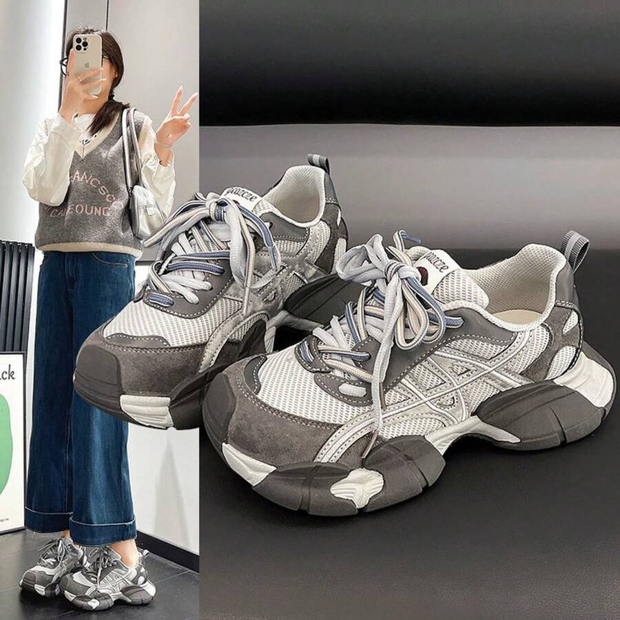 Zapatos de suela gruesa para mujeres 2026, nuevos de principios de primavera, zapatillas casuales versátiles de cuero genuino y malla - Amarillo - Ver 1