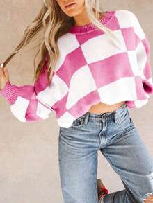 Brown Plaid Bishop Sleeve Elegant Sweater, Long Sleeve Top - 玫紅色 - 查看 3
