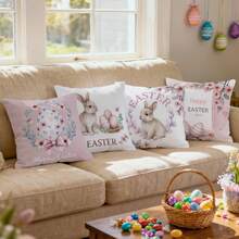 4 pezzi Federe per cuscini con stampa di coniglietti, uova e motivi floreali per Pasqua, stampate su un lato, adatte per soggiorno, camera da letto, decorazione della casa, per tutte le stagioni - Multicolore - Visualizzare 5
