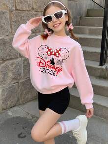 1pc Disney Minnie Mouse Polka Dot Bow & Disney Castle Firework Commemorative Print Tween Girls Cute Sweatshirt, Soft & Skin-Friendly, Ideal For Disney Park Visits And Daily Casual Wear - Hồng - Xem 2