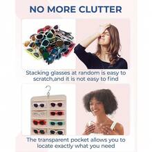 Hanging Jewelry Organizer, Dust Proof Sunglasses Storage Case Wall Mounted, Travel Dual Sided Glasses Case Multiple Pairs, Eyeglasses Holder With 32 Clear Slots & Metal Hook, Grey - 灰色 - 查看 5