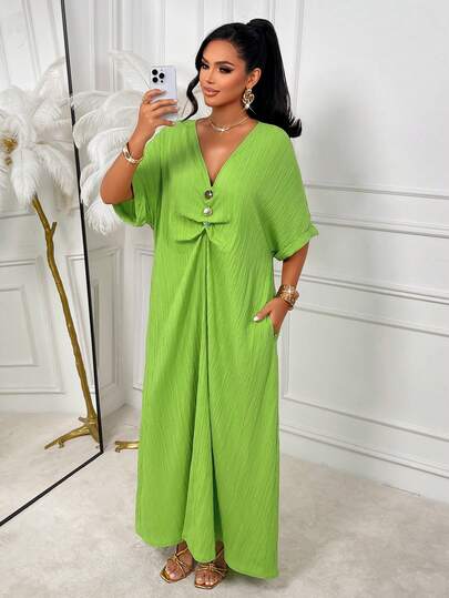 Amarilo Long Woven Fabric Dress, Deep V-Neck, Button Front, Batwing 3/4 Sleeves, Arabic Style