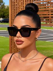 1pc Black Plastic Full Frame Geometric Classic Women Fashion Glasses For Summer Camping Driving School Outings Outdoor Casual Activities - Multicolor - View 4