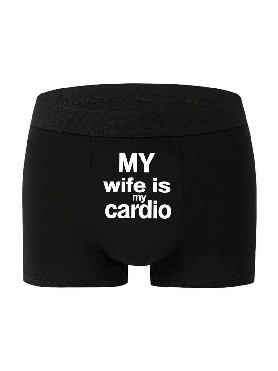Men's Black Simple Fashion Elastic Boxer Briefs, Letter Print Pattern, Suitable For Valentine's Day - Black - View 1