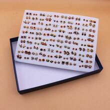 100 Pairs Assorted Fashion Versatile Gold Color Rhinestone Plastic Stud Earrings Set With Box - Gold-colored Diamond Ribbon Gift Box - View 3