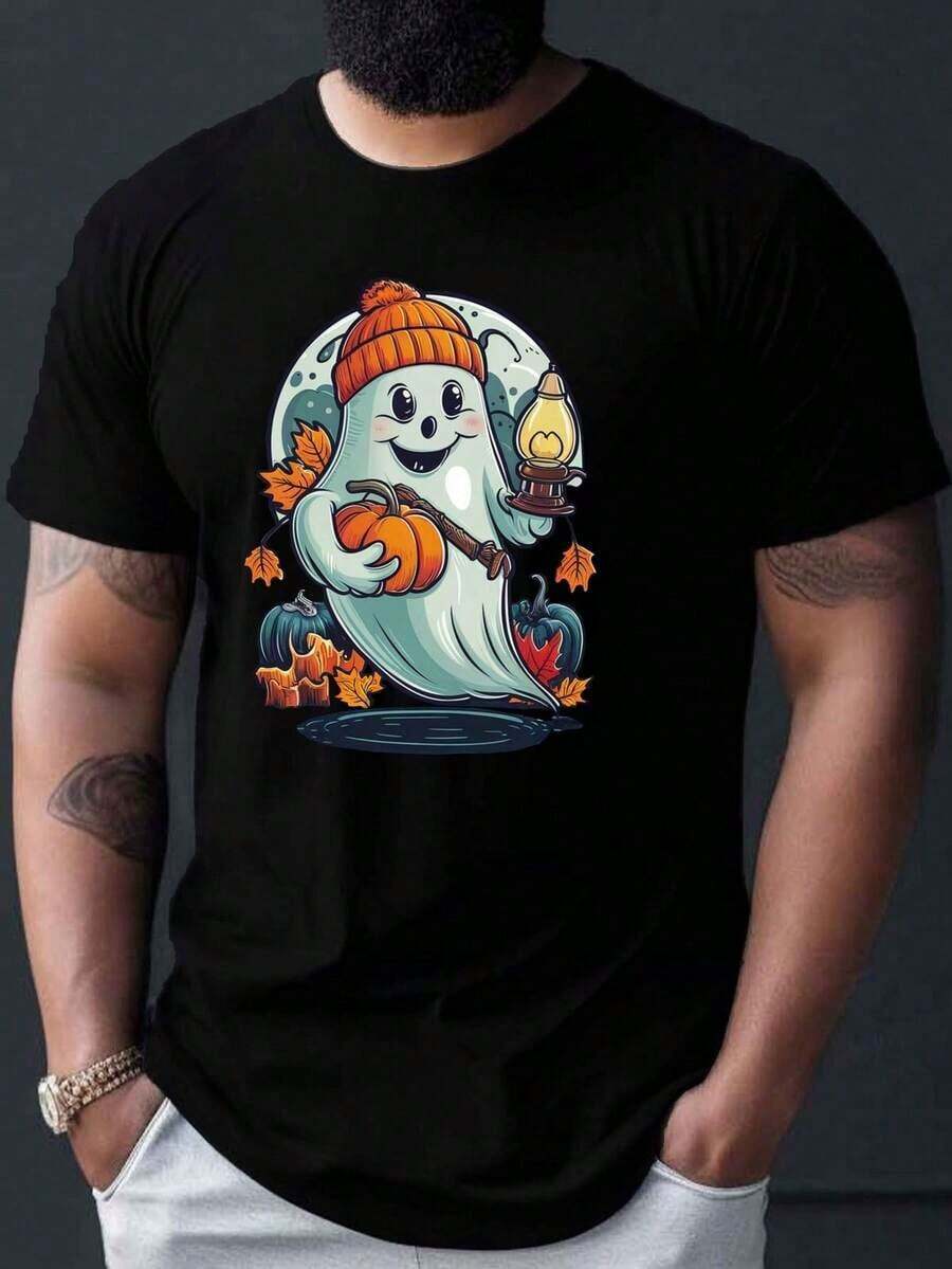 Camiseta de anime, camiseta de Halloween, estampado de calabaza y fantasma, 100% algodón, cuello redondo, ligeramente elástica, ajuste regular, camiseta de manga corta de verano para hombres, lavable a máquina, moda de verano, ropa casual, estilo urbano, atuendos diarios, cómoda, moderna, estilo de vida activo, clásica, look de verano relajado, regalo para festivales de todas las estaciones - Negro - Ver 1