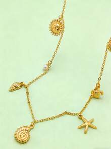1 pieza Cadena de cintura de metal con estilo oceánico de moda, con colgantes de concha, caracol, estrella de mar, tortuga y sol, accesorio casual de vacaciones para mujer - Dorado - Ver 4