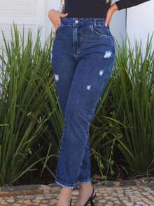 Calça Jeans Mom Cintura Alta Feminina Rasgadinha Levanta Bumbum 100% Algodão Premium - DESTROIDE - Visão 1