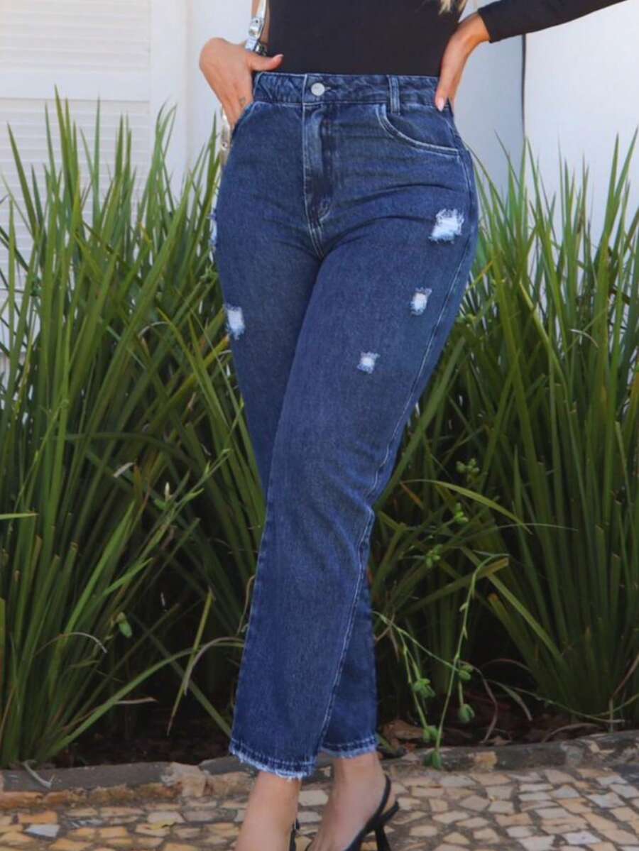 Calça Jeans Mom Cintura Alta Feminina Rasgadinha Levanta Bumbum 100% Algodão Premium - DESTROIDE - Visão 1