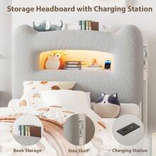 Marco de Cama LED Completo con cabecera de Almacenamiento de 2 Niveles, Plataforma tapizada con estación de Carga y cajón, Soporte de Metal, no Necesita somier, Gris - Tipo de Enchufe B USA (110-127V) - Ver 4