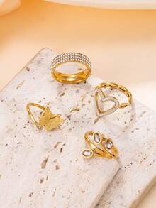 Bộ 4 chiếc nhẫn thép không gỉ cao cấp với ba hàng đá pha lê, thiết kế hình bướm, trái tim và lá, thích hợp cho phụ nữ đeo hàng ngày hoặc làm quà tặng ngày Valentine. - nhẫn - Xem 3