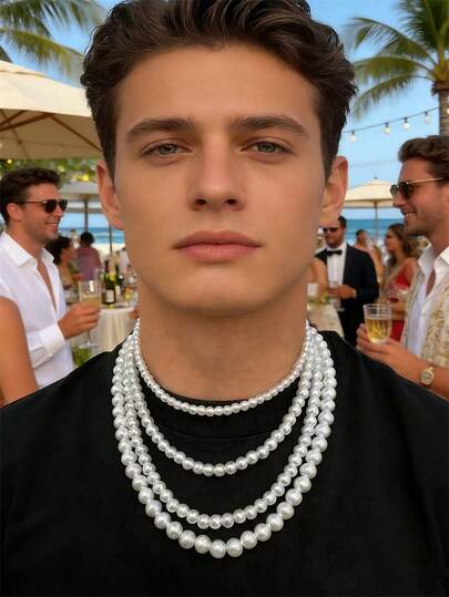 1pc White Fashionable Simple & Versatile Pearl Beaded Necklace, Holiday Gift For Men Daily Wear