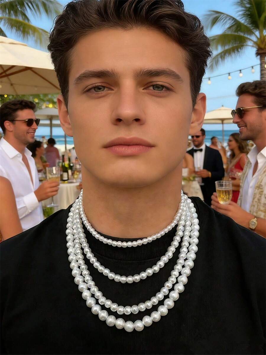 1條白色時尚簡約多用途珍珠項鍊，男性日常穿著度假禮物 - 白色 - 查看 1