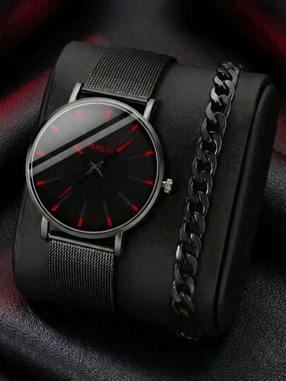 Men's Fashion Quartz Watch Bracelet Jewelry Set (Including Black Mesh Strap), Casual Business Style, Round Case, Alloy Material, Electronic Movement, Suitable For Students To Wear, Valentine's Day Party Gift