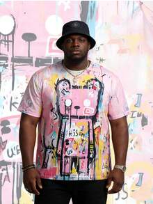 彩色涂鸦印花加大码男式短袖 T 恤，时尚休闲嘻哈圆领 T 恤，街头服饰 - 彩色 - 查看 2