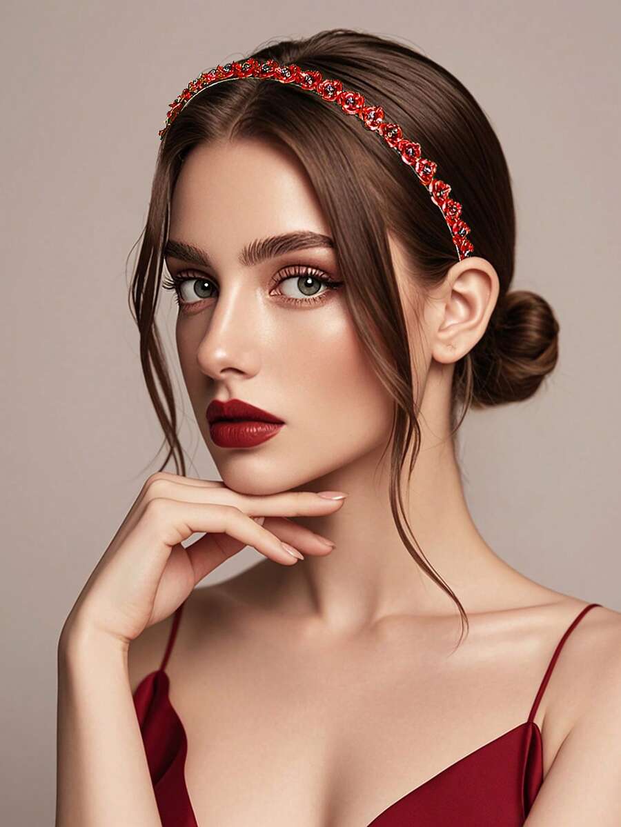 1pc Red Fashion Rose Flower Headband, Charming Bridal Wedding Party Accessory, Suitable For Party, Gathering, Date, Holiday Outfit