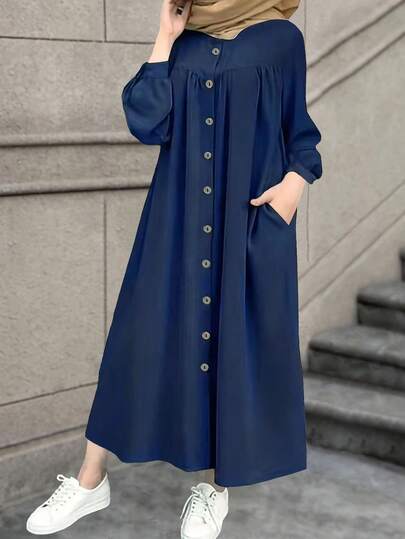 休闲开襟纯色长款连衣裙 春季