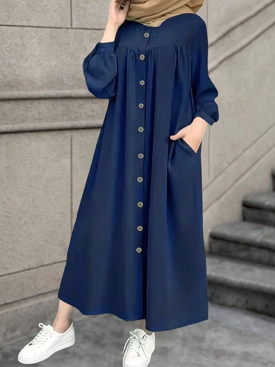 Casual Open Front Solid Color Maxi Dress Spring Fall - Blue - View 1