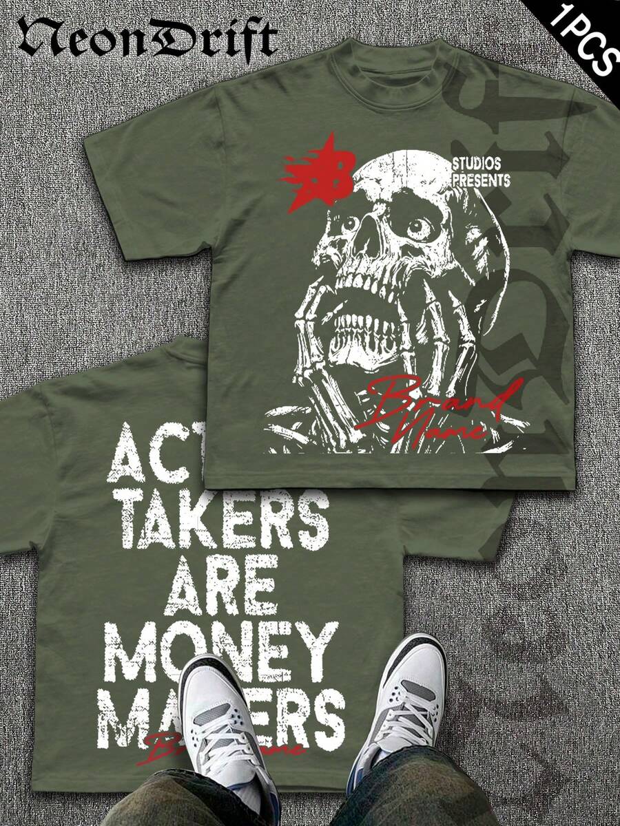 Y2k,Halloween Christmas Thanksgiving Gifts Fun Pattern,Men's Summer Short Sleeved Pure Cotton Comfortable And Breathable Casual Outdoor Street Round Neck T-Shirt, A High-Quality Fashion Brand, A Surprise Gift For Family And Friends. - Màu xanh Ô liu - Xem 1