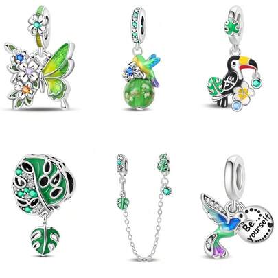 1 Piece Of Silver Plated Green Series - Flower, Grass, Bird, Butterfly Safety Chain Bead Suitable For Original 3mm Bracelet Bracelet DIY Women's Fashion Pendant Holiday Birthday Gift