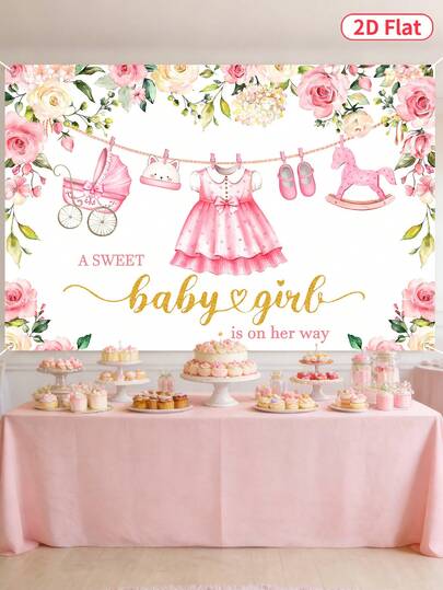 1 stuk roze thema baby shower achtergronddecoratie, schattige pony- en bloemenpatroon achtergrondbanner met de tekst "Een lief klein meisje is onderweg", voor gender reveal party, decoratie voor een pasgeboren meisje, fotohokje accessoire, baby shower benodigdheden, cadeau-idee, baby shower presentje, decoratie voor een welkomstfeestje