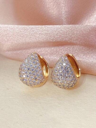 1 Pair Teardrop Fully Paved Zirconia Earrings, Luxury Elegant Versatile Hoop Earrings