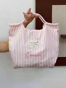 Customizable Personalized Name Retro Striped Handbag With Name Logo And Floral Text, Underarm Tote Bag, Retro Striped Canvas Handbag, Lightweight And Large Capacity Casual Fashion - Multicolor - View 9