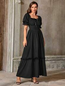 暗黑哥特风方领女士长裙，花瓣袖蕾丝拼接收腰连衣裙，万圣节角色扮演服装长袍 - 黑色 - 查看 5