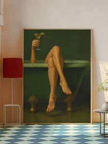 1幅现代浴室墙面艺术可打印作品，鼠尾草绿浴缸配马提尼酒杯数字艺术画，脏马提尼艺术，送给朋友的理想礼物，卧室艺术印刷品，客厅装饰，办公室装饰，厨房装饰，浴室装饰，墙面艺术，墙面装饰，家居装饰，房间装饰，帆布墙面艺术，海报，带框墙面艺术，可选画框 - A - 查看 2