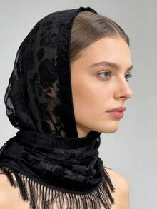 1pc Black Elegant Velvet Fashion Versatile Unique Charming Long Tassel Shawl Scarf, Suitable For Evening Party - Black - View 5