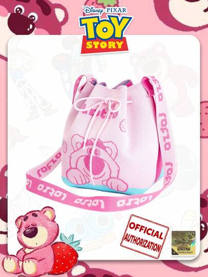 Bolso bandolera de punto con diseño de cordón y estampado de oso de dibujos animados, diseño plegable y portátil adecuado para viajes, compras, uso diario, gran regalo para amigos y días festivos