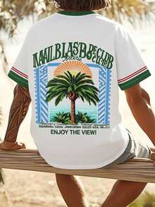 男士圆领字母和棕榈树印花休闲度假风短袖T恤 - 白色 - 查看 1