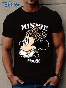 Disney 1件男士卡通米奇印花短袖T恤，圆领，弹力面料，适合日常穿着，易护理面料，时尚休闲男士T恤，短袖T恤 - 黑色 - 查看 3