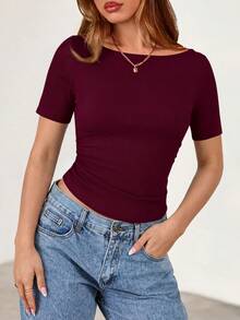 Fall New Arrival Women's Long-Sleeve Top Crop-Top Style Casual Outerwear Boat Neck With Bell Sleeves Ribbed Pleated Design Millennial-Inspired Fashion - Màu đỏ rượu vang - Xem 5