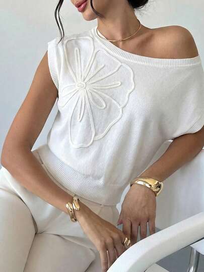 Women Casual Elegant 3D Floral Pattern Batwing Short Sleeve Knit Sweaters Top, Spring Summer One Off Shoulder Asymmetrical Neck White Tops, Loose Work Simple Fashion Outfits